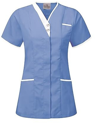 Skywear T25 Healthcare Woman Spa Salon Beautician Cross Neck Tunic Nail Massage Therapist Shirts Top, Hospital Blue with White Trim, Size 18