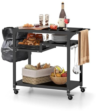 GYMAX Carrello da Barbecue per Esterno, Carrello BBQ Mobile con Ripiani, Ganci, Tavolo Multifunzionale con Ruote Bloccabili e Maniglia Laterale