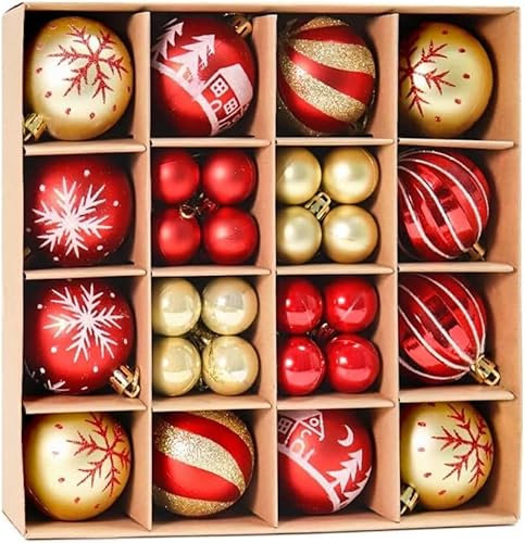 Xmas Baubles, 42pcs Red and God Christmas Tree Baubles Christmas Hanging Ball Ornaments Decor Xmas Tree Decorations Shatterproof Balls Seasonal Decorative Winter Holiday Party Home