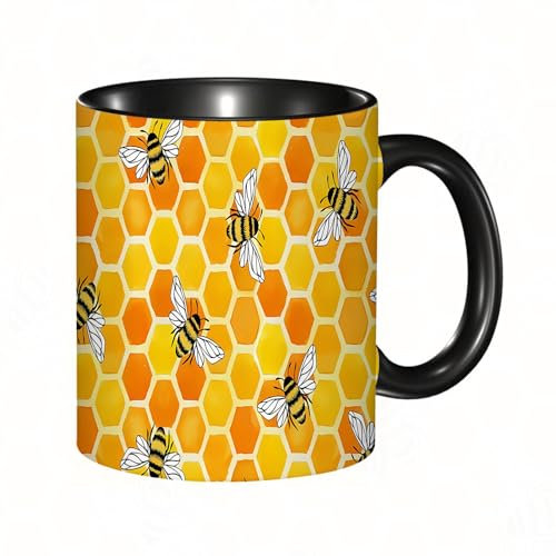 EKLMPS Tazas de Café,Taza de Cerámica para Té y Café,330ml/11oz,Regalos original,Aniversarios,nupical,desayuno,Románticos, Patrón con panales. Linda impresión de acuarela con panal amarillo y abejas.