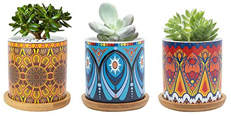 FORAGIFT Maceta suculenta de 7,5 cm, maceta de cerámica con patrón de mandala, macetas pequeñas para plantas de interior y exterior con bandeja de bambú, ideal para decoración de oficina en casa,