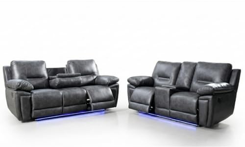 Sara Leather Electric Recliner Sofa With Cupholders - Leather Corner Sofa - 3+2 Seater - USB Charging Ports - LED Lights - Grey (3+2 Seater)