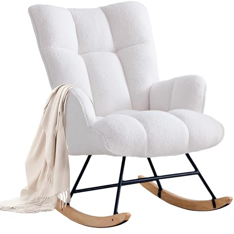 XH.Easy Go Rocking Chair Nursery Teddy Upholstered Glider Rocking Accent Chairs Padded Seat with Rubber Wood Legs Armchair Comfy Side Chair for Living Room Bedroom Offices (White Teddy)