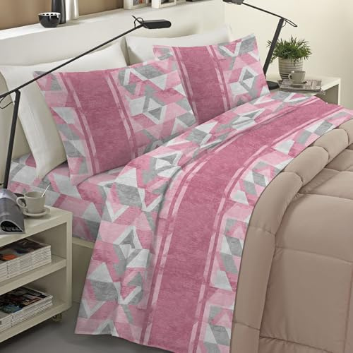 Banzaii Completo Lenzuola Invernale Felpate in Flanella Anti-Pilling 100% Cotone Matrimoniale (per Materasso 160/170 cm, Altezza Fino a 35 cm) Dalila Rosa