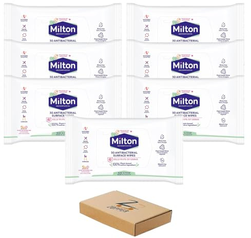 Milton Antibacterial Surface Wipes (7 x 30 Wipes) Baby Safe Disinfectant for Toyas Soothers & Highchairs Plant Based No Rinse Formula