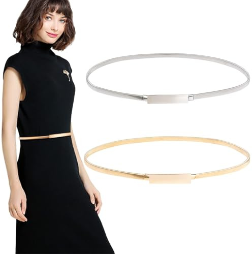 GGUFAY Cinturón fino de metal para mujer (2 unidades), cinturón de cadena elástica, ajustable, ideal para la mayoría de ocasiones, como bodas (dorado, plateado).