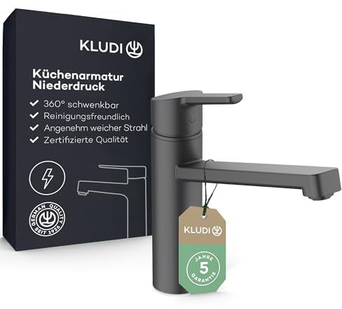 KLUDI-M3 Niederdruck Armatur Küche 360° schwenkbar, Wasserhahn Küche Schwarz mit 1 Strahlart, Mischbatterie Küche mit komfortabler Auslaufhöhe von 17 cm, Küchenarmatur Schwarz