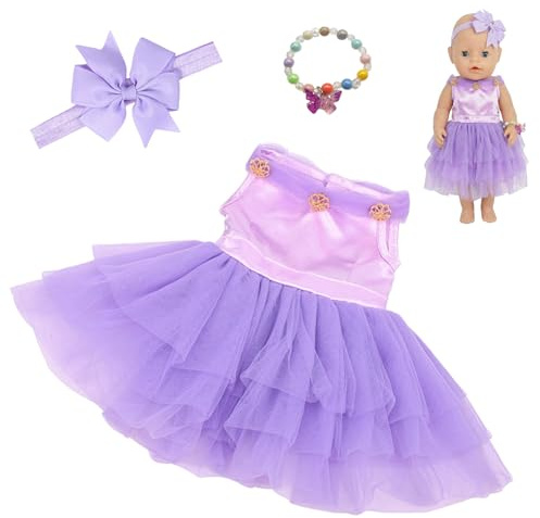Xerteam Puppenkleidung 35-45 cm für Baby Puppen, Puppenkleidung für 14-17 Zoll Puppen, Süßes und Niedliches Puppenkleider, Lila Gazerock, Haarband, Exquisites Armband (Lila)