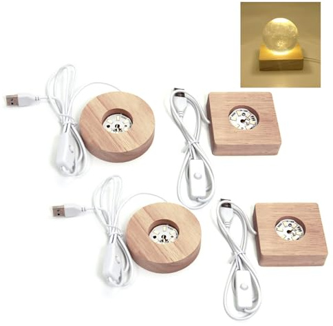 Pack De 4 Bases Luminosa De Madera Con LED, Soporte Para Pantalla DIY, Placa Para Bloques De Cristal, Iluminación USB, Para Exhibición De Cristales, Acrílicos Y Resinas，base Luz Led Madera
