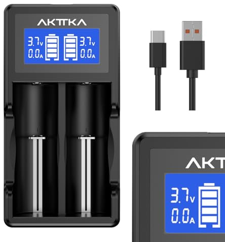 AKTTKA Cargador de Baterías Inteligente con Pantalla LCD y Carga Rápida de 5V/2A Compatible con Baterías Li-Ion 18650/21700/20700/26650 y Baterías Ni-MH/Ni-CD AA/AAA/C, con Puerto Type-C