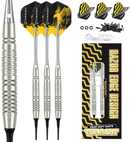 Turnart Dardos con punta de plástico, 18 g de latón, dardos profesionales para diana electrónica, juego de dardos con 30 puntas, 6 plumas, 6 vuelos, 1 herramienta y 3 juntas tóricas