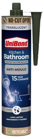 UniBond Kitchen & Bathroom Silicone Sealant, Translucent, 1x 280 ml | Translucent Sanitary Sealant, Waterproof, Silicone-Based, Easy No Cut Opening, Cartridge Format
