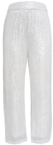 Glitterbyxor, dam, fest, paljettbyxor, dam, långa dansbyxor, vida ben, raka byxor med paljetter, glitterbyxor, disco festbyxor, lösa fritidsbyxor, enfärgade, marlenebyxor, silver, S