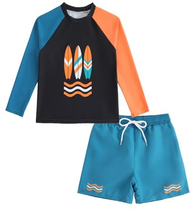UV Badebekleidung Junge Set Gr 110-158, Zweiteiliger Schwimmanzug Kinder, UPF 50+ Langarm Badeshirt UV Kinder & Badehose Jungen, Teen UV Shirt Hawaii, Schwarz-Blau 7-8 Jahre/122-128