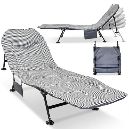 The Fellie Folding Camping Bed for Adults, Sun Lounger Reclining Garden Chair with Side Pocket, 5-Position Adjustable Fishing Bedchair, Portable Camp Lounge Chair for Outdoor Travel Beach Office