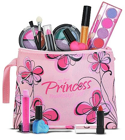 Playkidiz Echtes waschbares Spiel-Make-up-Set für Prinzessinnen – Kinder-Make-up-Set für Mädchen, ungiftig – komplettes Make-up-Anziehset mit Tasche