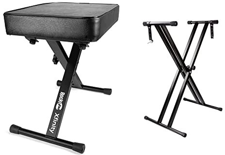 RockJam Double Braced Adjustable Keyboard Stand with Locking Straps & Premium Adjustable Padded Keyboard Bench or Digital Piano Stool, Regulär