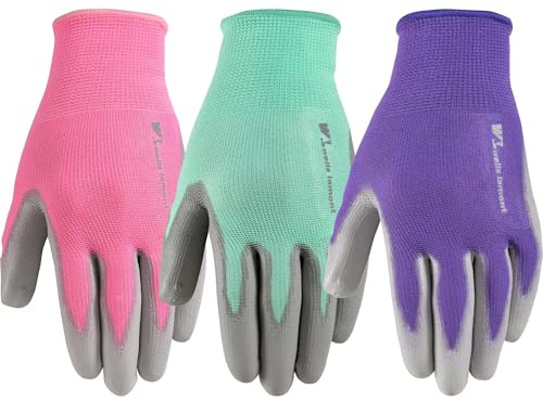 Wells Lamont Gardening Gloves for Women – Breathable Polyester, Seamless Fit – PU-Coated Palm for Grip & Durability – Elastic Wrist – Pink/Green/Purple, Medium, Pack of 3 (413MF)
