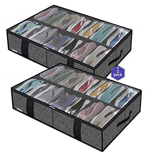 Onlyeasy 2 Pack Under Bed Shoe Storage Organizers with Handles & Clear window (Fit 14 +14 Pairs), Sturdy Underbed Box Organizer Shoe Storage Bags for Kids & Adults, Linen-like Black, MXAUBS14S14