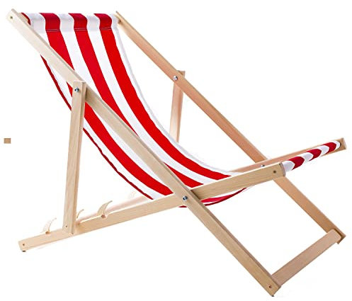 WOODOK Sedia a sdraio in legno di faggio sedia a sdraio Lettino da giardino lettino da Spiaggia, Balcone e Terrazzo Lettino pieghevole fino a 120 kg Regolazione 3 livelli (Strisce bianco/rosso)