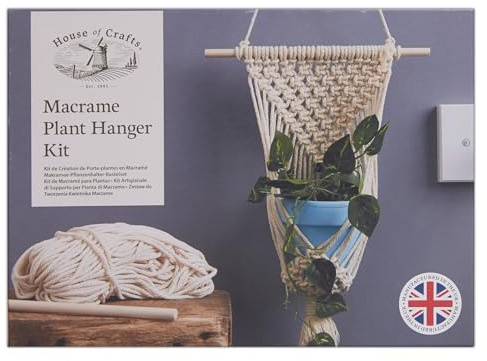 House Of Crafts Macrame Plant Hanger, Single Craft Kit, Natural, Start A Craft Set Includes 1 x Wooden Dowel, Thick Cord, Instructions