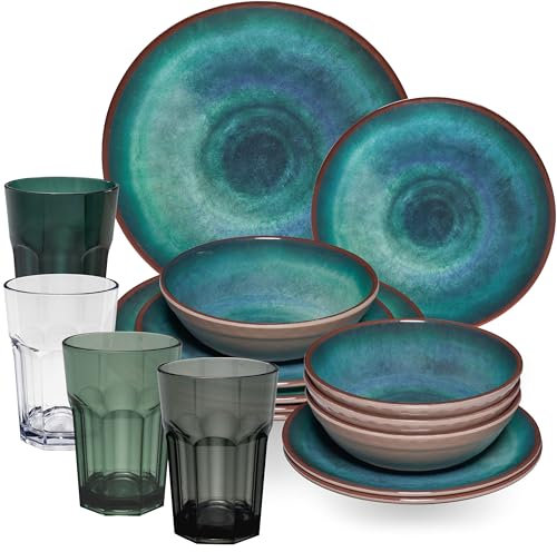 Melamin Geschirr Set Grün für 4 Personen 16 Teile - mit farblich passenden Trinkgläsern 400ml aus Acryl - Campinggeschirr Geschirrset Tafelgeschirr Camping modernes Melamingeschirr bunt