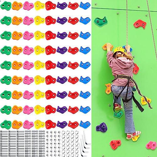 Meooeck 72 Pcs Kids Rock Wall Climbing Holds Set Colorful Grips with Mounting Screws and Hardware for DIY Indoor Outdoor Backyard Playground Back to School Birthday Gift(Classic Color)