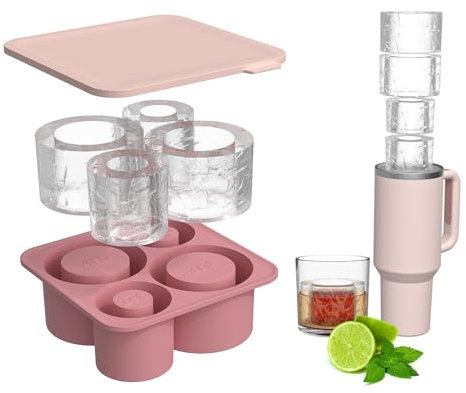 Eiswürfelform Silikon für Stanley Thermobeche, Eiswürfelbehälter 4 in 1, Eiswürfelbehälter mit Deckel, Wiederverwendbare Ice Tray, Eiswürfelformen & Eiswürfelschalen, Eiswürfeln mit Deckel (Rosa)