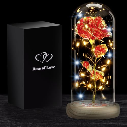 Rosa Eterna con Led | Regalo Romantico per Donna | Fiore Artificiale La Bella e la Bestia | Con Led, Campana di Vetro, Scatola Regalo | San Valentino, Festa della Mamma, Matrimonio | OriginalCorner®
