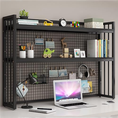 FPIGSHS Computer-Schreibtisch-Bücherregal, 2 -Ebenen Schreibtisch Organizer Regal Aus Holz Und Metall,einstellbare Lagerregal Büroregal Aktenregal Für Wohnheim Büro Hause (Schwarz, 95cm)