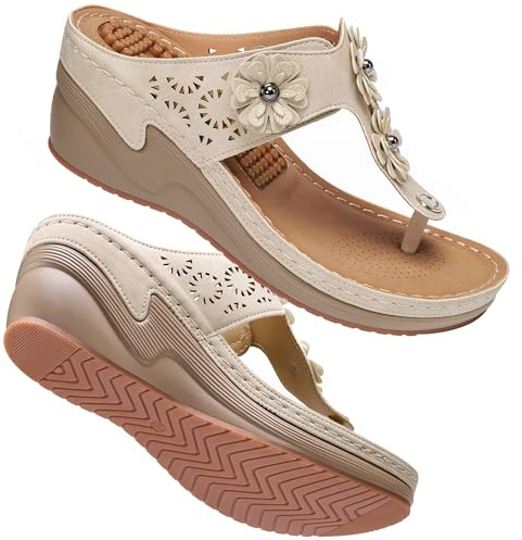 FUDYNMALC Womens Sandals Wedge 2026: Comfortable Platform Flip Flops Summer Dressy Thong Shoes for Wedding Walking Travel Casual, Beige, Size 9