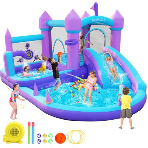 GYMMALL Castello Gonfiabile per bambini 3-8 anni, Casa dei Sogni Viola con Scivolo d'Acqua e Soffiatore da 480W, Grande Castello Gonfiabile con Area Salto, Piscina di Palline, Piscina