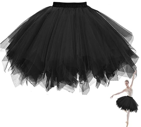 Jupe en Tulle Femme Élégante sans Baleine, Jupe Tutu Rétro Adulte à Couches pour Danse Classique, Fête et Soirée (FR/ES, Alpha/Lettres, Taille Unique, Taille Normale, Taille Normale, Noir)