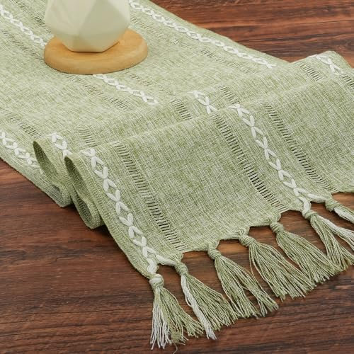 BSBUY Landhausstil Quasten Tischläufe Mode Boho Grün Tischläufer mit Quasten Fleckschutz Waschbar Mehrfachverwendung Lange Tischdecke für Hochzeit Esstisch Böhmische Rustikale und Festival (33*143cm)