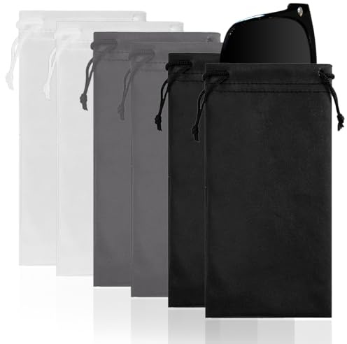 JEYORZY 6 Pezzi Custodia Occhiali Morbida,Custodia Occhiali da Sole,Sacchetti per Occhiali, Porta Occhiali con Chiusura a Coulisse per Protezione Occhiali(Nero, bianco, grigio)