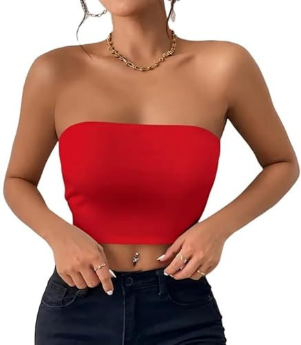 Sukiglam Tube Top Dam Axelbandslös T-shirt Sommar Bandeau Slim Fit Ärmlös Crop Toppar med Elastiskt Band Dubbla Lager Blus Basrör Y2K Skjorta Sexig Ingen Vadderad Bustier Estetiska Kläder