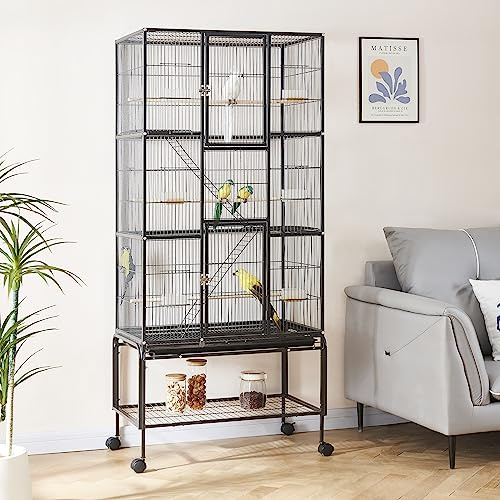 Panana 175cm Large Bird Cages Parrot Cage Wide Flight Metal Animal Cage for Budgie Parakeet Conure With Rolling Stand Wheels (Black)