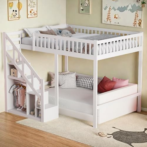 Kinderbett Etagenbett 90x200 cm, Hochbett mit Treppe und Stauraum, Kinderbetten mit Lattenrost und Rausfallschutz, Funktionsbett Stockbett Kinderhochbett Jugendbett, Ohne Matratze (Weiß-A, 90x200 cm)