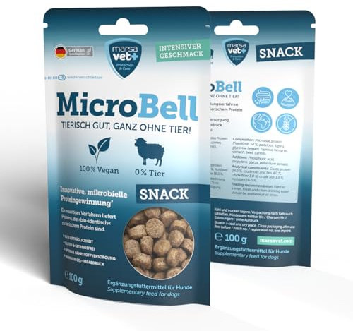 Marsavet MicroBell Snack – Veganskt hundgodis med mikrobiellt protein – 100 g. Hypoallergent hundgodis, spannmålsfritt & glutenfritt för hundar med känslig mage. Hälsosamma belöningssnacks.