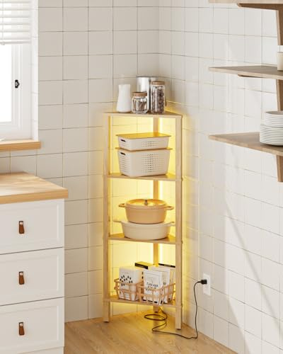 Apetaccat hörnhylla med 4 nivåer och LED-belysning, stående hylla, triangulär stativhylla, platsbesparande förvaringshylla för vardagsrum, sovrum, kök & badrum, vit, 37 × 27 × 95 cm