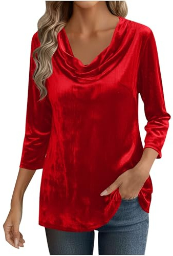 Generisch T-shirt à manches 3/4 pour femme - En velours - Élégant - Col cascade - Couleur unie - Manches trois-quarts - Chemisier festif tendance - Pull chaud - Tunique longue, O rouge., XL