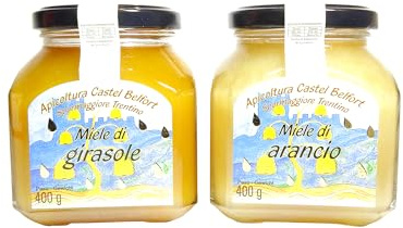 Apicoltura Castel Belfort - Pack da 2x400 gr Miele di Girasole e Miele di Arancio 100% Italiano, Lavorato a Freddo, Artigianale, Ideale per Merende, Formaggi e Dolci