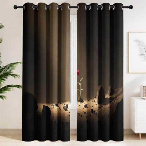 Generisk bakgrundskonst, djupgrundliga mörkläggningsgardiner, öljetter, gardin, set om 2, B 140 x H 260 cm, ros, öken, stendamm, termisk gardin för sovrum, vardagsrum