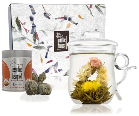 The Exotic Teapot - Glass Mug Flowering Tea Gift Set, Tea Infuser Mug (350ml), Sampler Tin of Blooming Tea, Handmade Gift Box