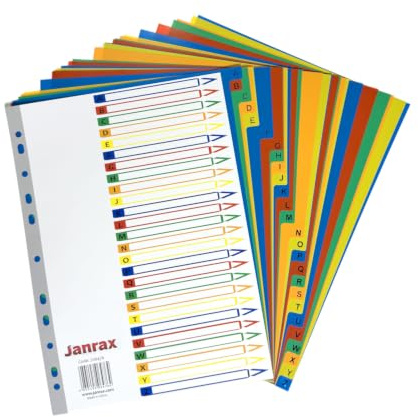 Janrax A4 A-Z 26 Part Polypropylene Dividers with Index Cover, 120 Micron Multipunched PP Tab Dividers, Assorted Colour Tabs, Tear Resistant for Ring Binders and Lever Arch Files