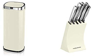 Morphy Richards Chroma Square Sensor Bin with Infrared Technology, Cream, 50 Litre & Accents Knife Block, Satin, Stainless Steel Finish, Ivory Cream, 5 Piece