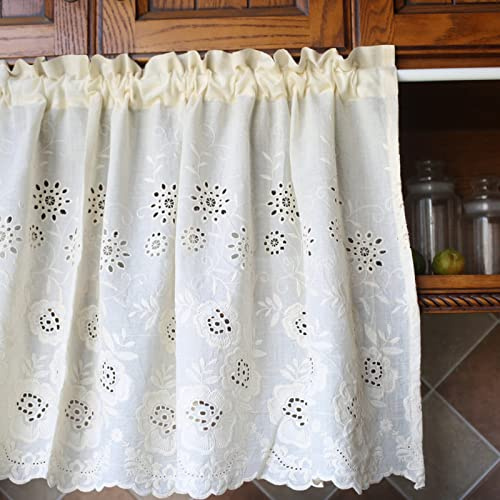 A.Monamour Cortina Cocina Ventana Puerta Corta Pequeña Bordado Floral De Algodón Beige Farmhouse Bolsillo para Varilla Panel Cenefa Rustica Bistro para Dormitorio Café Baño Habitación Terraza