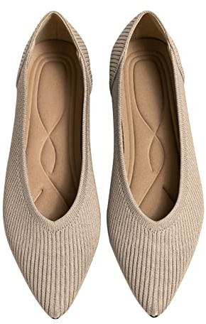 TINGRISE Women's Flats Shoes Pointed Toe Knit Ballet Comfortable Dressy Slip On Flat Beige US7.5