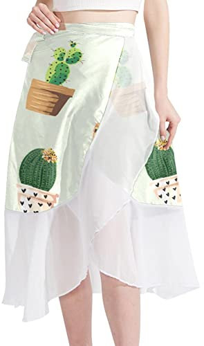 Cute Cactus Plant Pots Pattern Women Beach Sarongs Sheer Cover Ups Chiffon Bikini Wrap Skirt for Swimwear Multicoloured