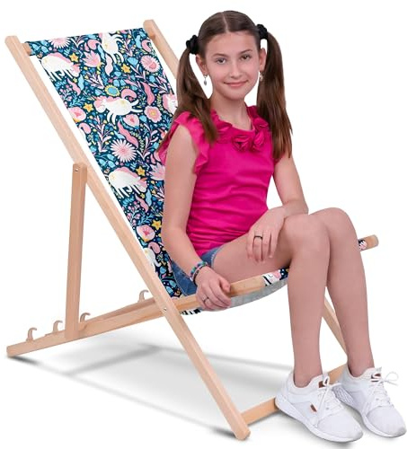 DreamRoots Kinder Liegestuhl Outdoor, Klappbarer Gartenstuhl für Draußen, Faltbarer Campingstuhl mit Waschbarem Bezug aus 100% Polyester bis zu 130 kg